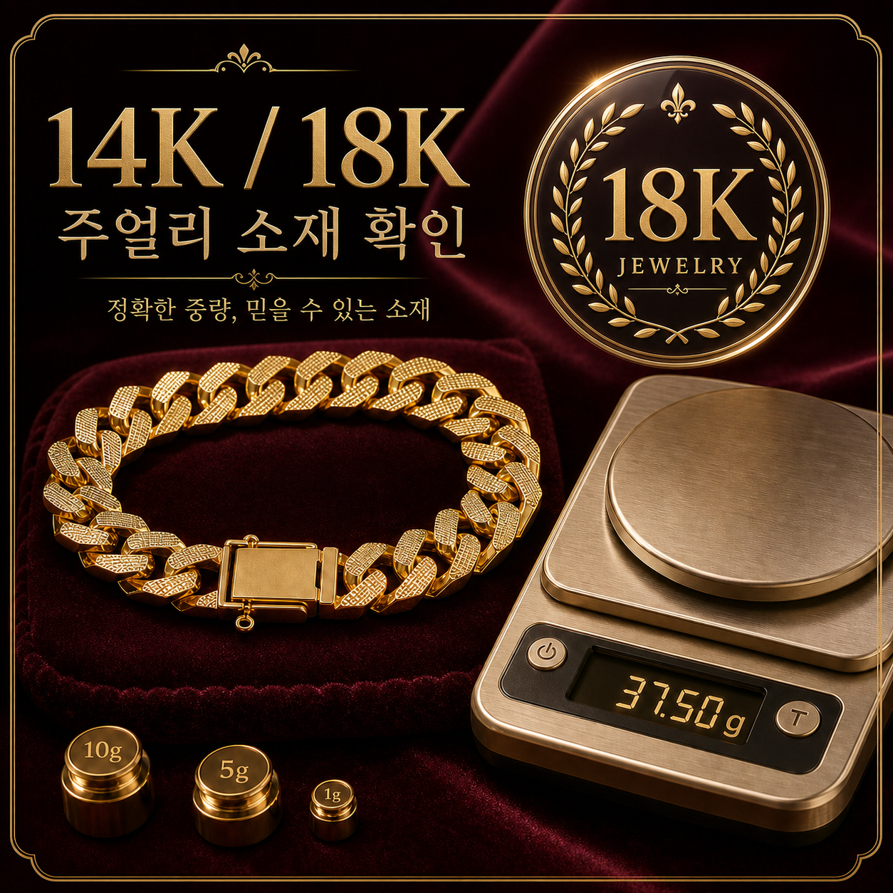 14K/18K 소재와 표준 중량 확인을 보여주는 3D 이미지